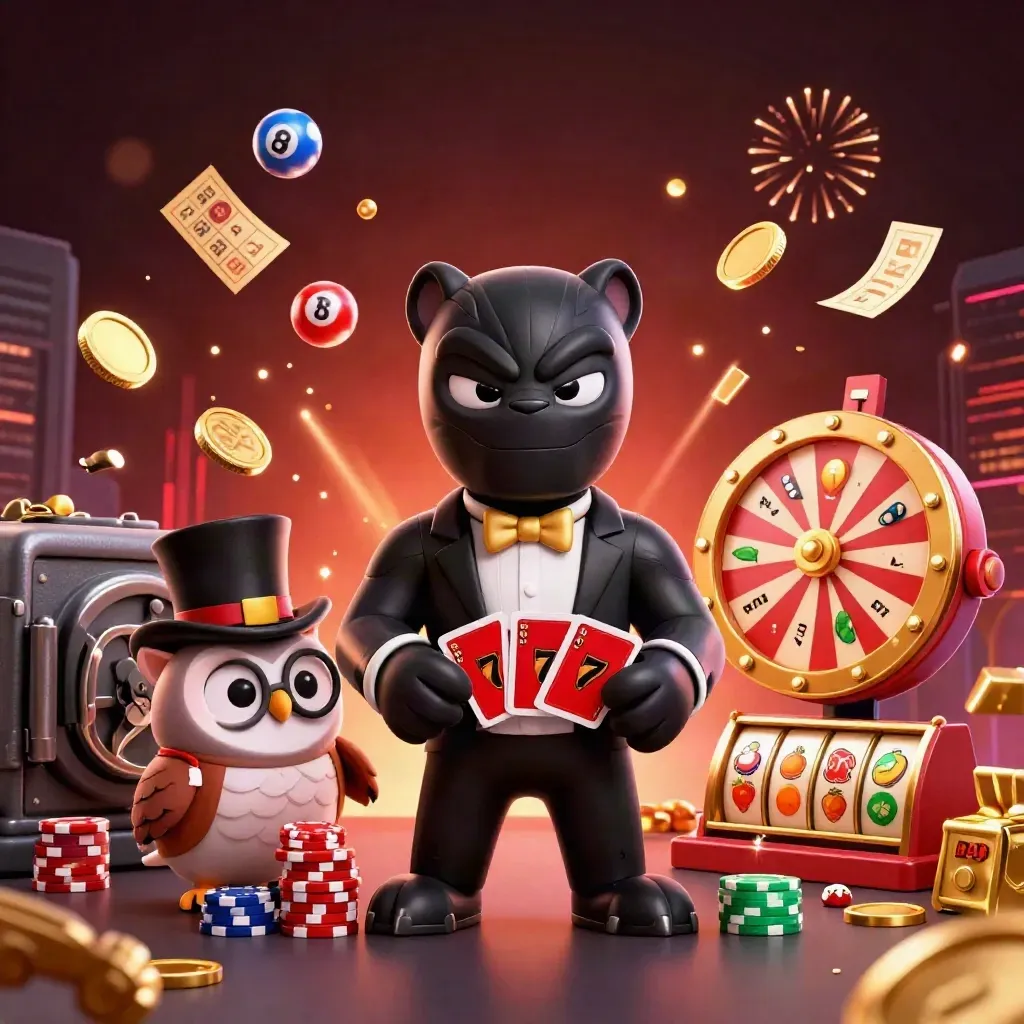 Panther dealer, owl and mouse amid coins, fireworks, reels and casino bonuses.