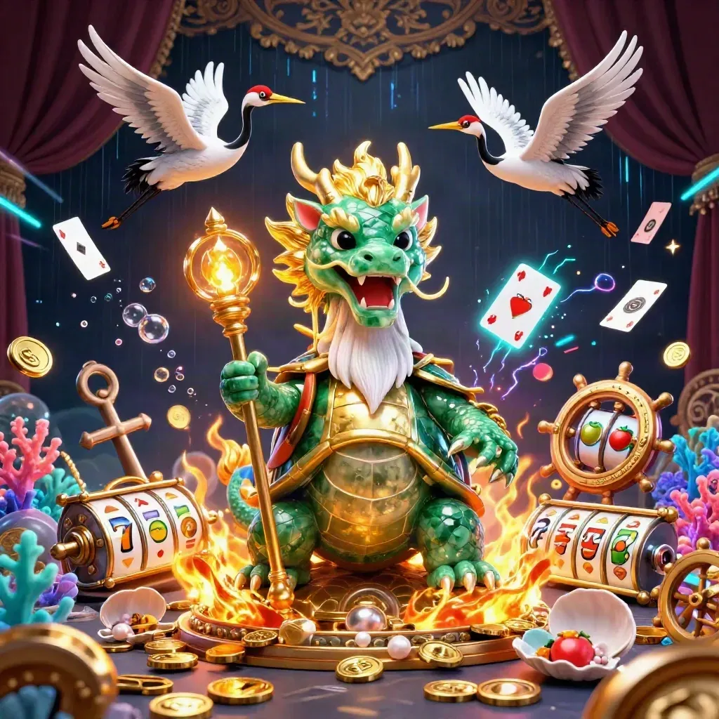 Jade dragon, turtle sage, and cranes amid gold coins, coral, and glowing slot reels in dark luxe casino art