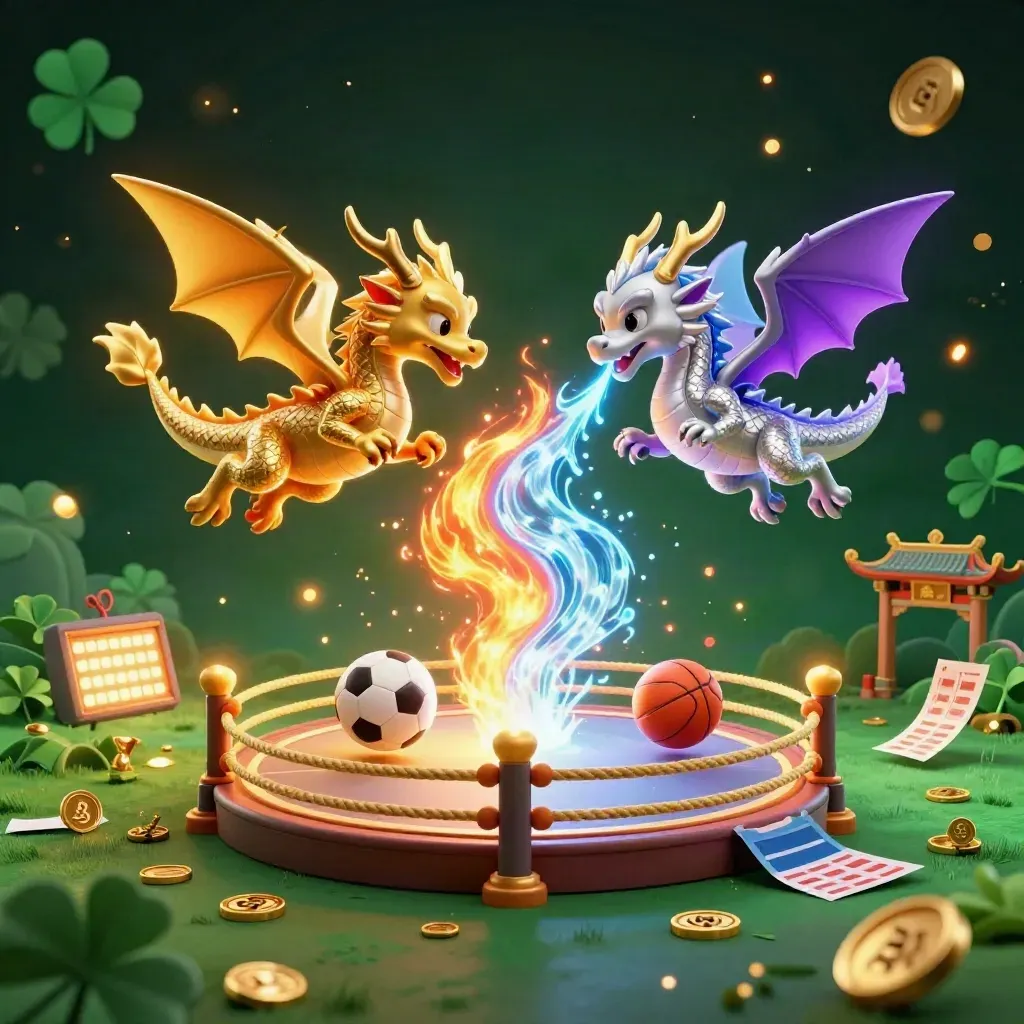 Gold and silver dragons spiral in yin-yang fire and ice with sports props and casino glow.