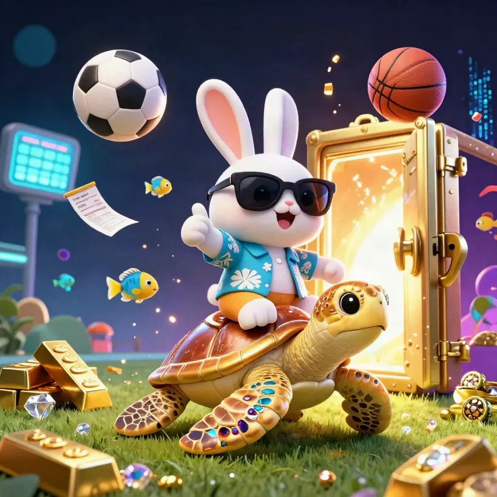 Rabbit on golden turtle amid flying sports balls, treasure, neon glow, and casino energy.