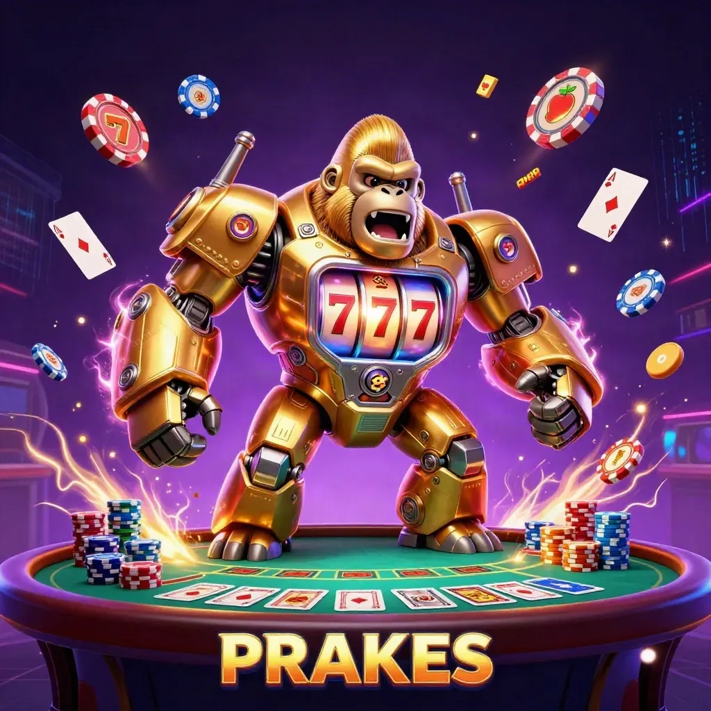 Golden gorilla slot mech with a tiny monkey pilot, bursting reels, chips, and neon energy