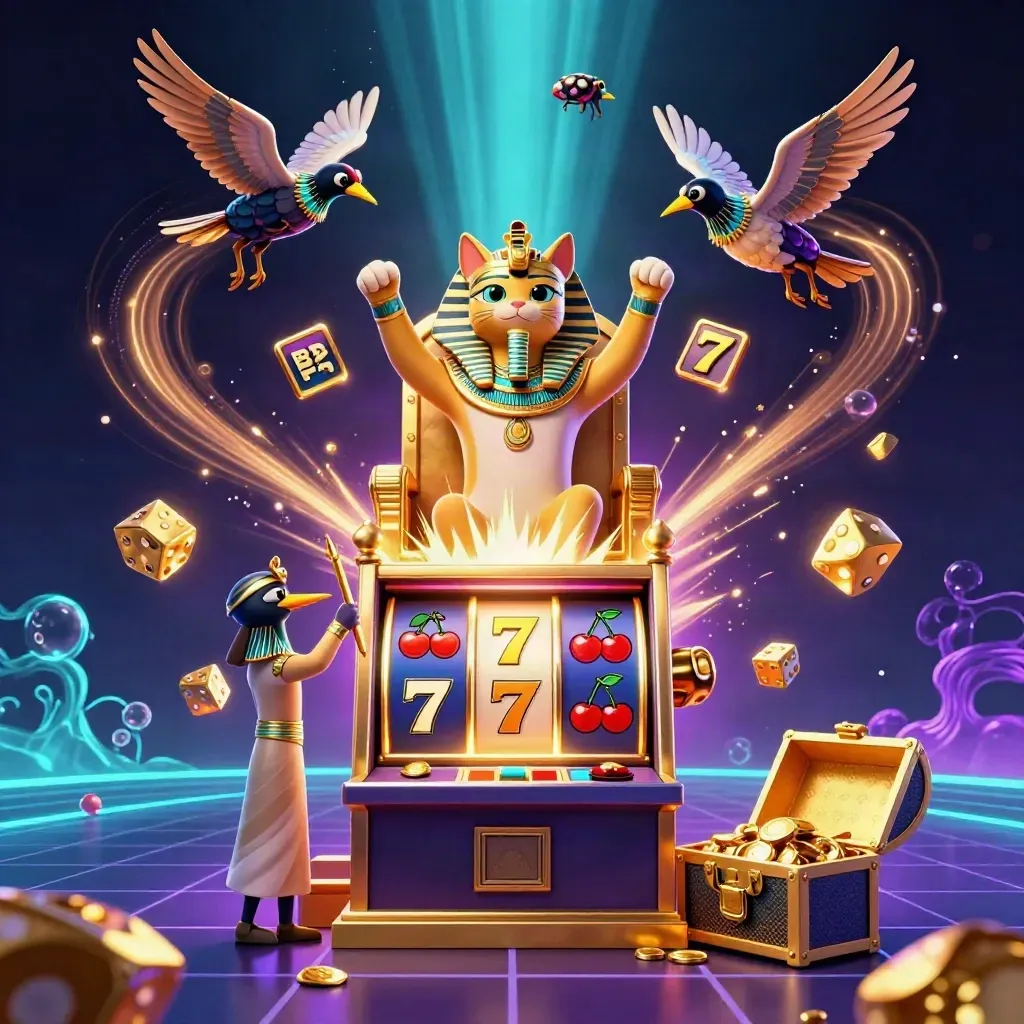 Pharaoh cat on a golden throne with ibis scribe, scarabs, and casino symbols erupting in neon light