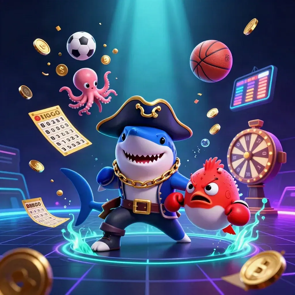 Pirate shark, pufferfish, and octopus amid flying casino balls and neon sports gear.