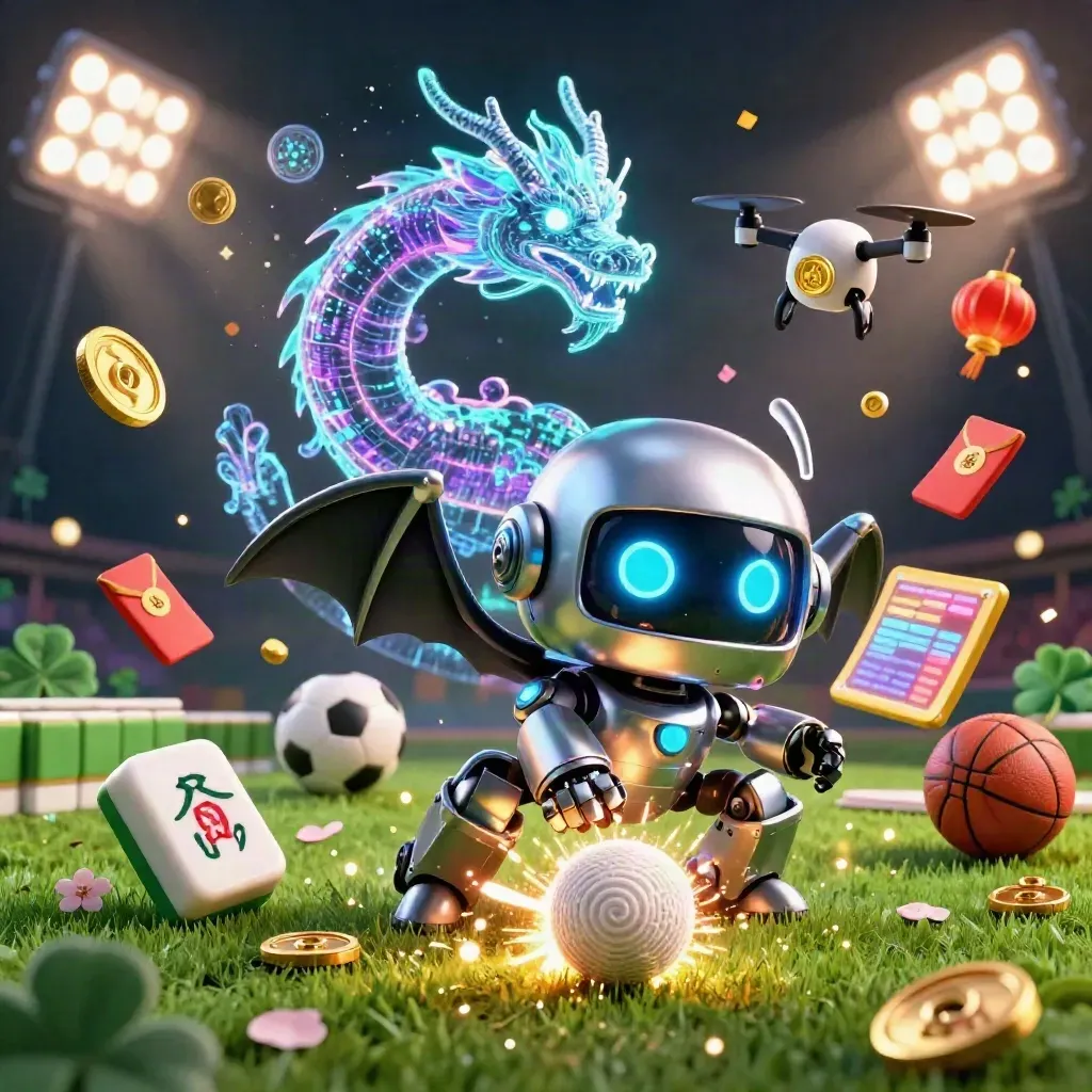 Chrome robot mascot smashes a cricket ball as a dragon and drone burst through casino-lit confetti.