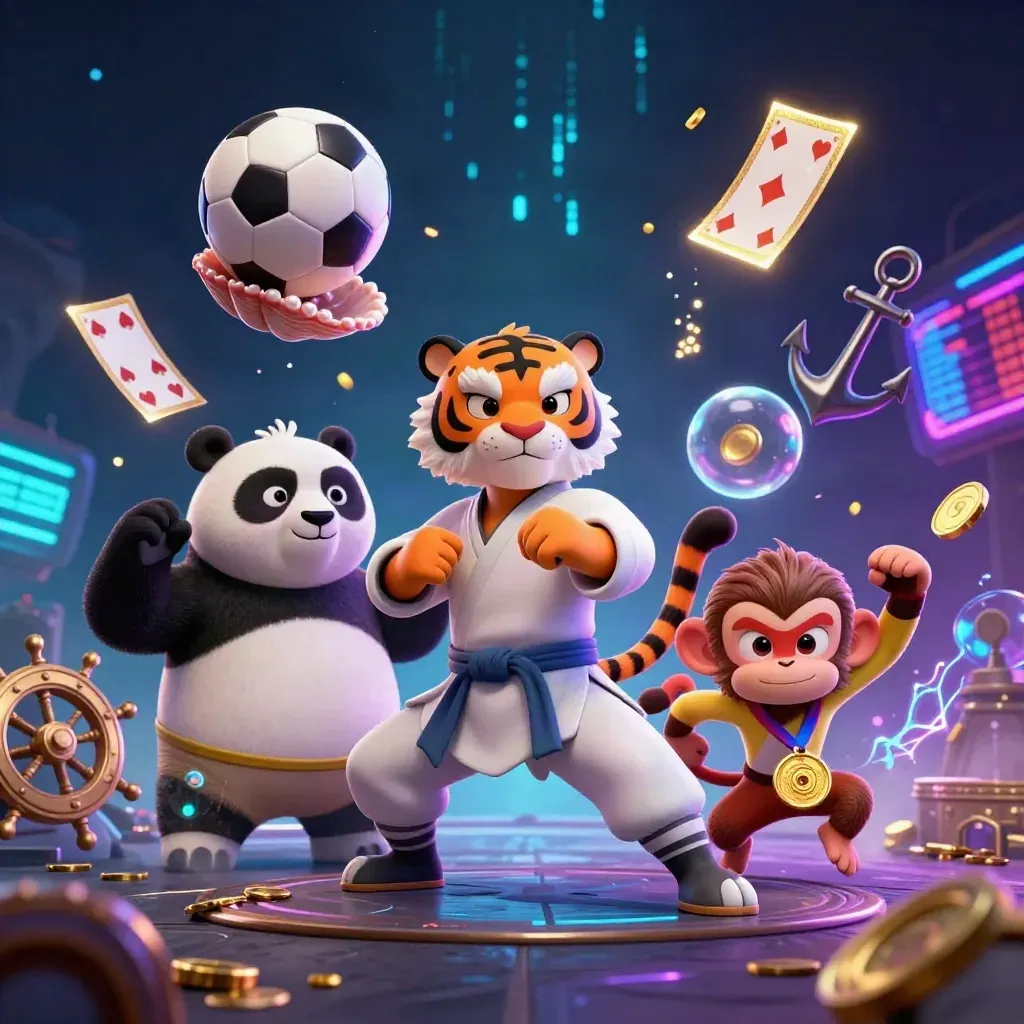 Kung-fu tiger, panda, and monkey amid coins, balls, and glowing treasure in a neon cave