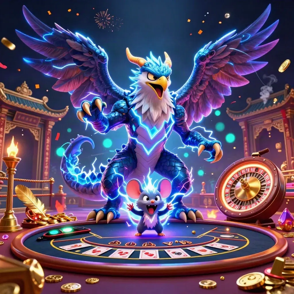 Thunder dragon, wind hawk, and crackling mouse in a luxe casino with lightning and gold.