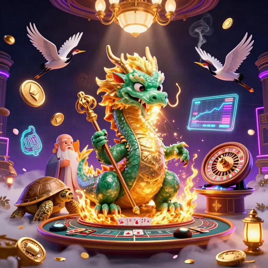 Dragon, turtle sage, and cranes in a neon casino room with gold fire and glowing crypto effects.