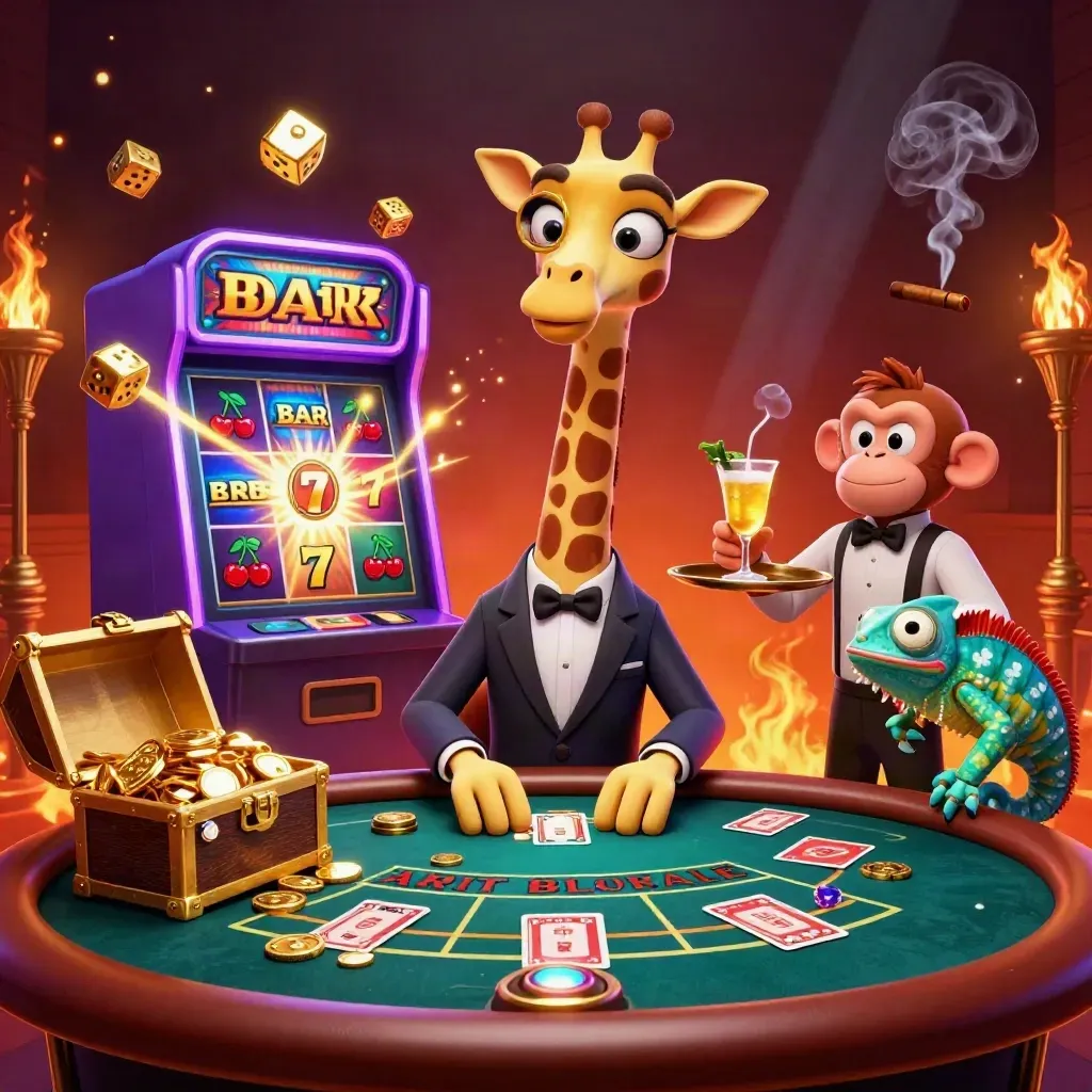 High-roller giraffe, monkey valet, and chameleon bartender amid jackpot slot burst in a neon casino room.