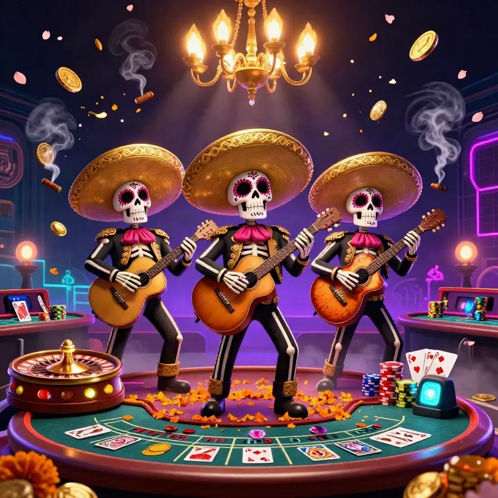 Day-of-the-Dead mariachi skeleton trio amid casino lights, coins, gems, roulette and cards