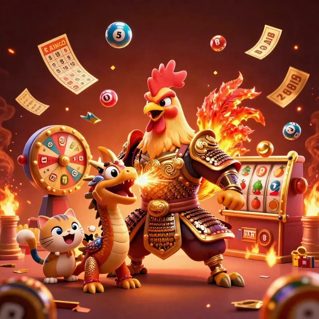 Golden rooster warrior, spark-breathing dragon hatchling, and cheering fortune-cat amid casino bursts.