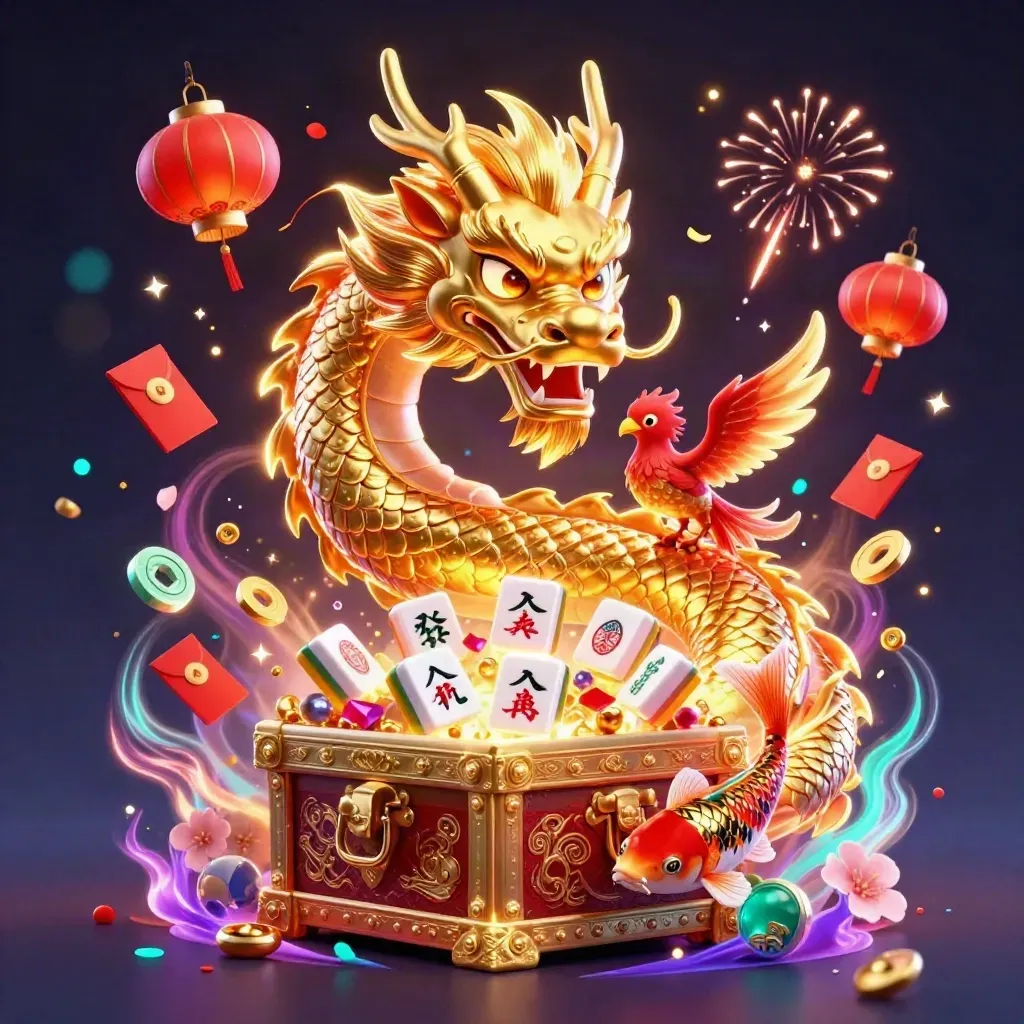 Golden dragon, phoenix, koi and treasure burst in a neon casino fantasy sky.