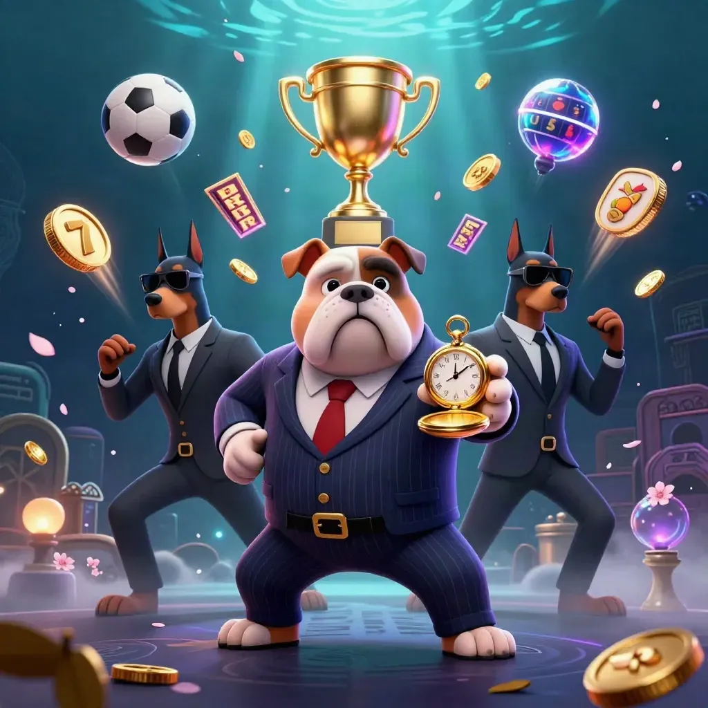 Bulldog mob boss with Doberman guards amid sports balls, coins, and neon casino magic.