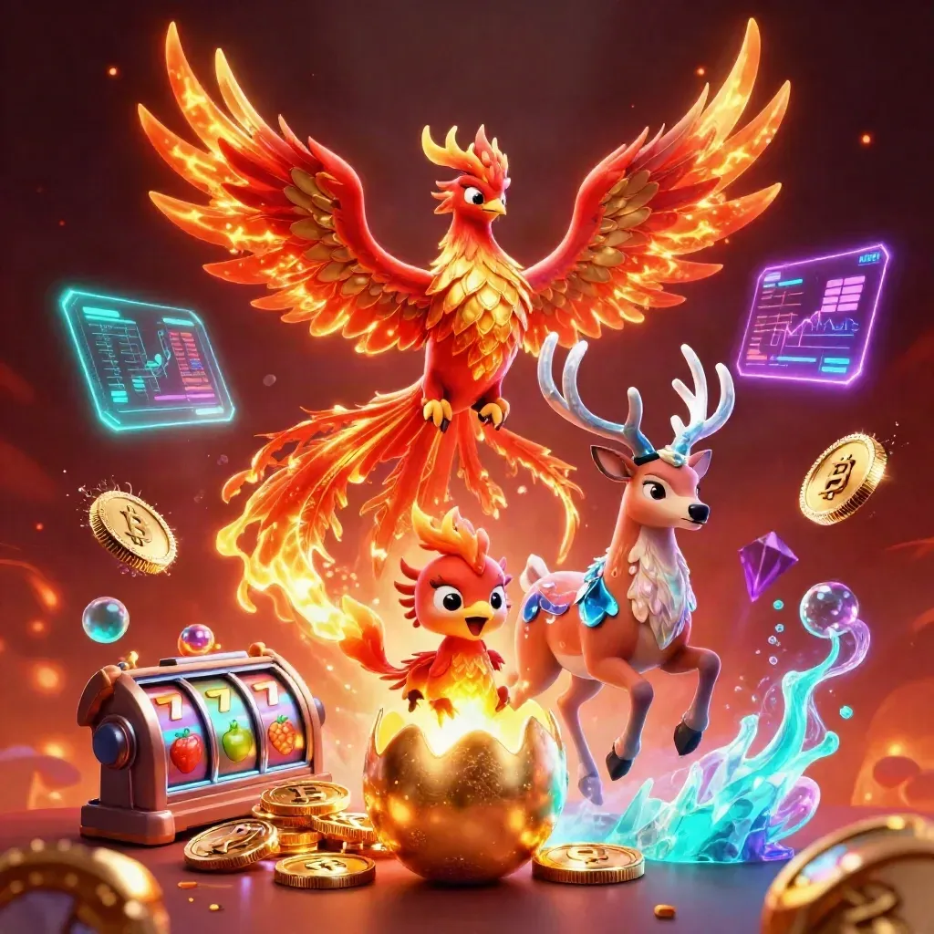 Phoenix, baby phoenix, and crystal-antlered stag amid neon gold treasure, gems, and casino effects.