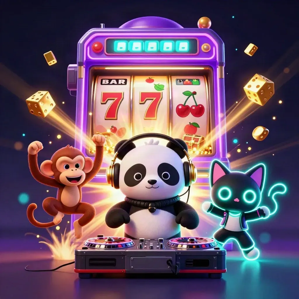 DJ panda, breakdancing monkey, and rave kitten amid exploding casino treasure and neon glow