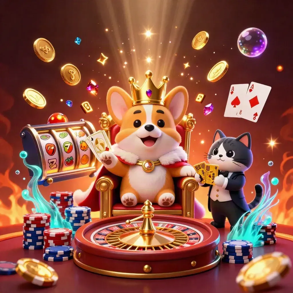 Royal corgi king and cat butler amid flying coins, cards, reels, and casino fireworks.