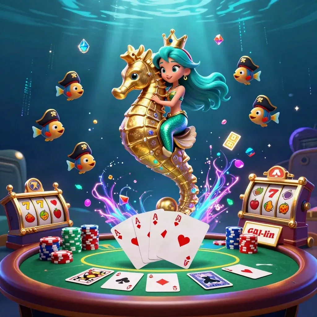 Mermaid princess on armored seahorse amid chips, cards, fish pirates, and neon underwater energy