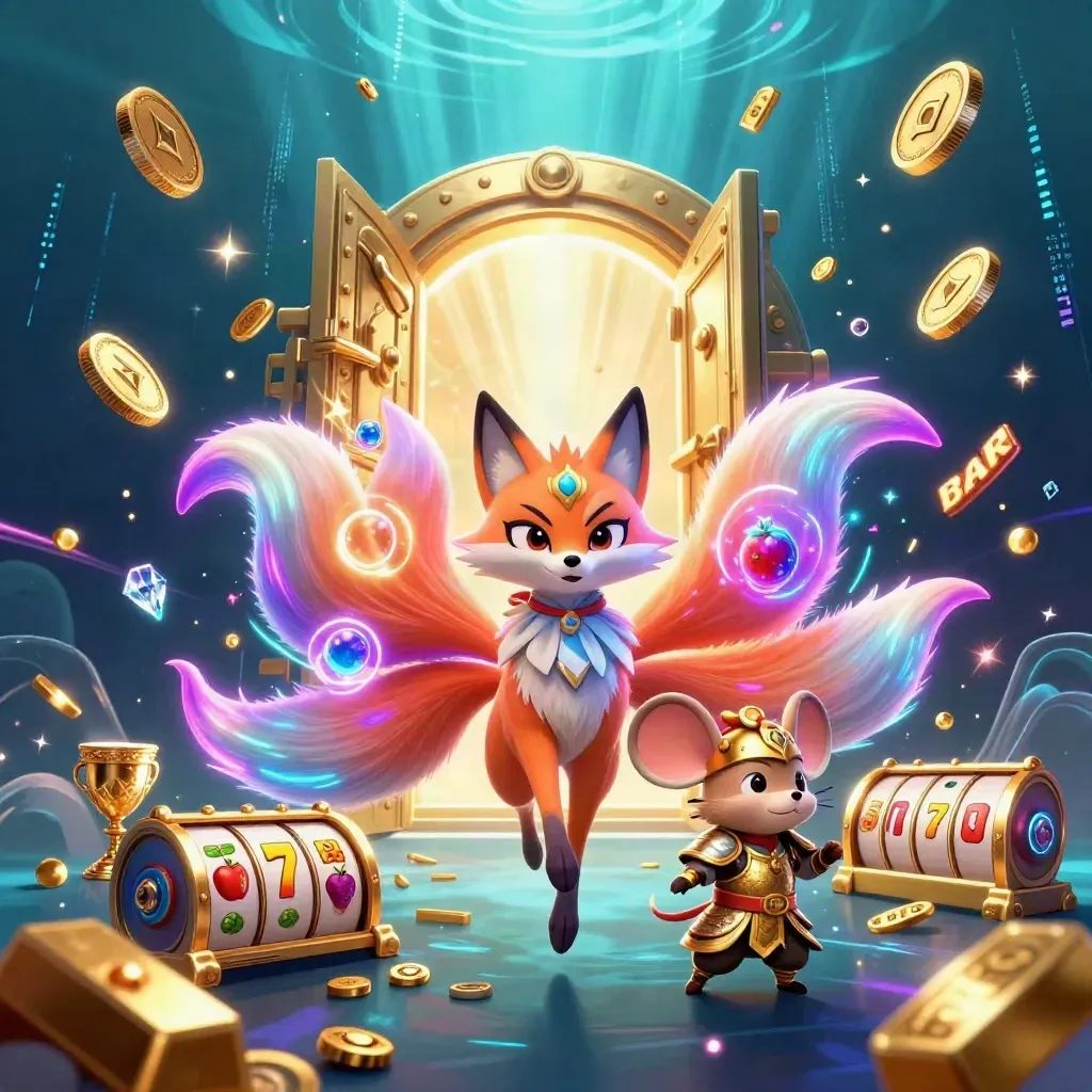 Nine-tailed fox spirit and armored samurai mouse burst from a golden vault amid neon treasure.
