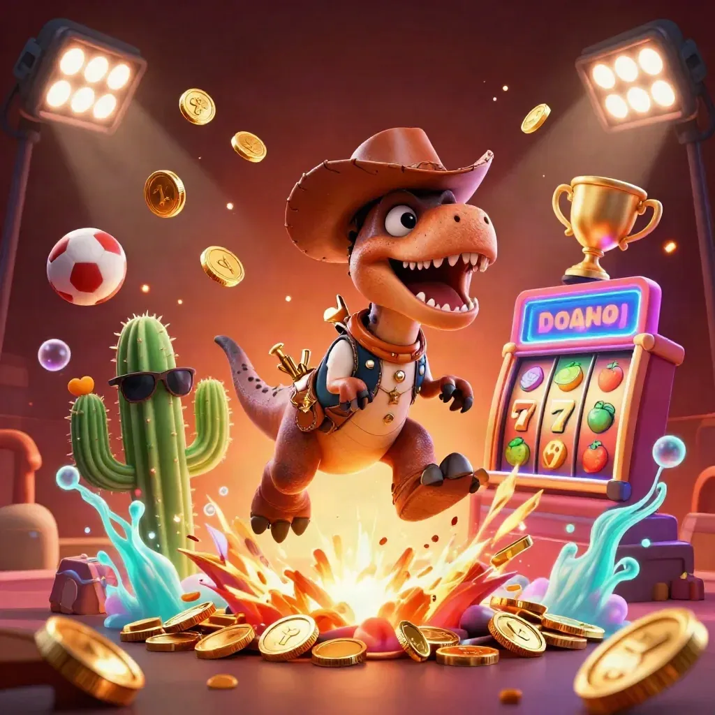 Cowboy T-Rex, cactus sidekick, and roadrunner burst through coins, reels, firelight, and neon glow.