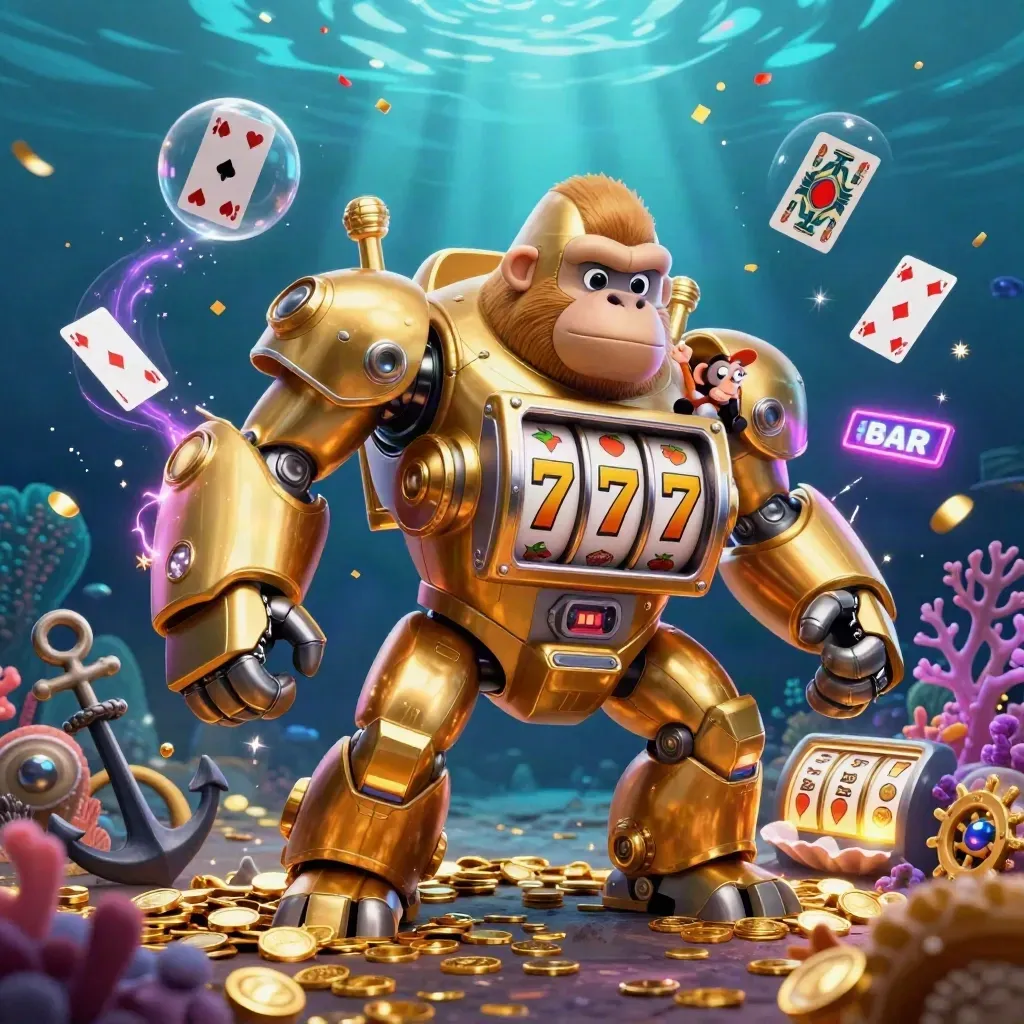 Golden gorilla slot-mech in an underwater treasure cove with a tiny monkey pilot and glowing reels.