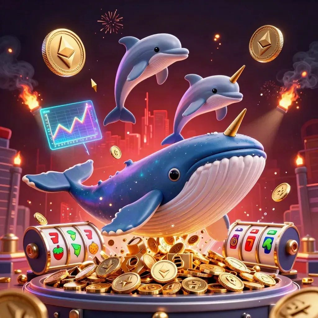 Whale, narwhal, and dolphins burst from coins with neon casino tech effects.