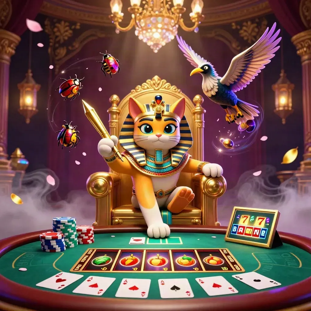 Pharaoh cat on a throne with ibis scribe, scarabs, cards, chips, and glowing casino magic