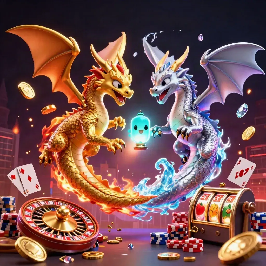 Twin gold and silver dragons spiral with coins, chips, cards, and neon casino effects.