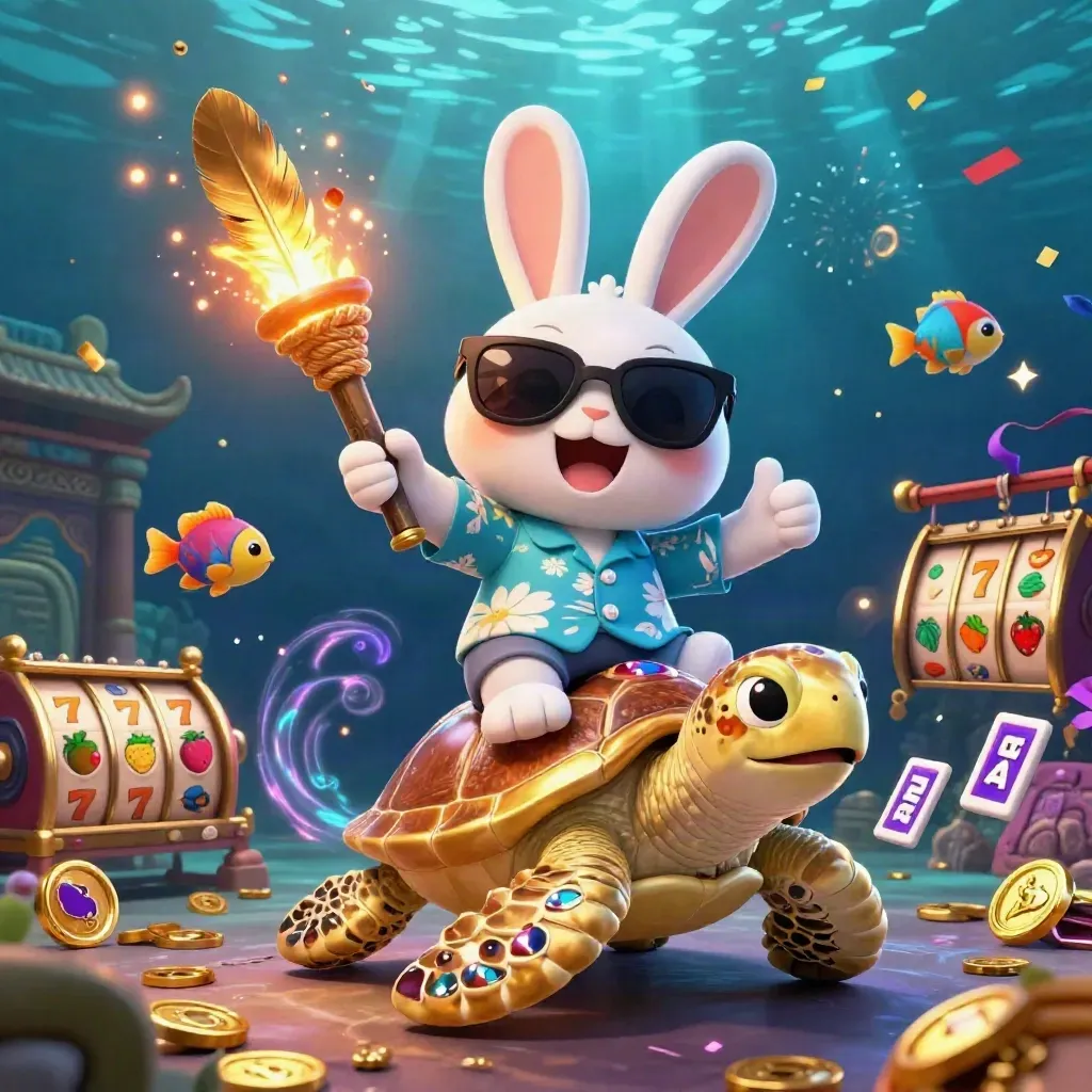 Lucky rabbit rides a golden sea turtle amid casino magic, fish, reels, confetti, and underwater glow