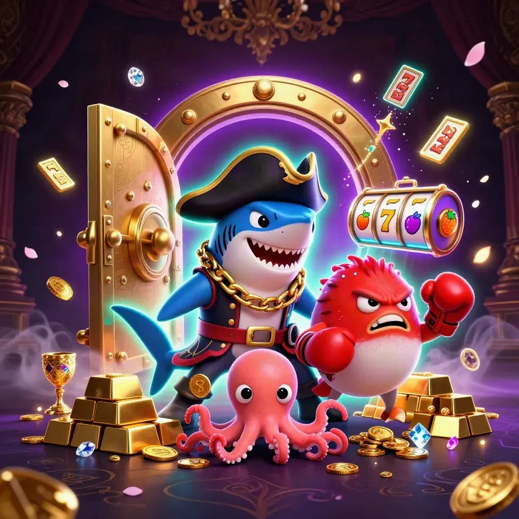 Pirate shark, boxing pufferfish, and coin-juggling octopus amid a vault burst and casino glow.