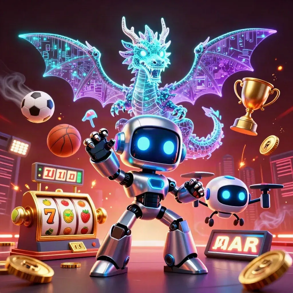 Robot mascot with holographic dragon, drone, balls, coins, and slot symbols in neon casino glow.