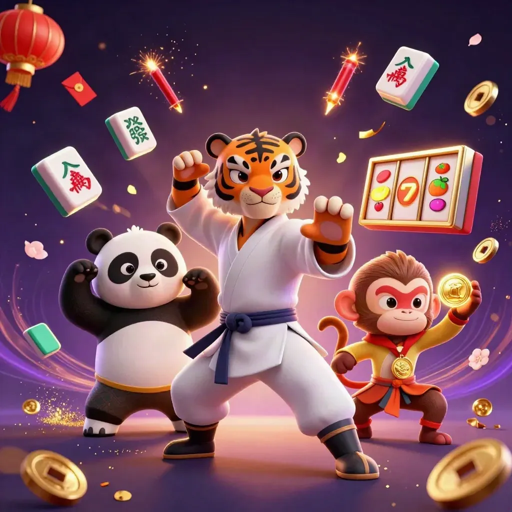Three cartoon casino mascots amid gold sparks, reels, lanterns, coins, and neon glow.